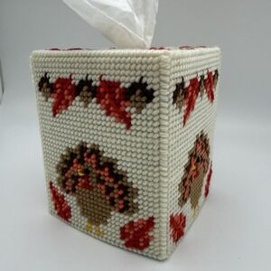 Vintage Needlepoint Tissue Cover Box Thanksgiving Plastic Canvas Finished Granny